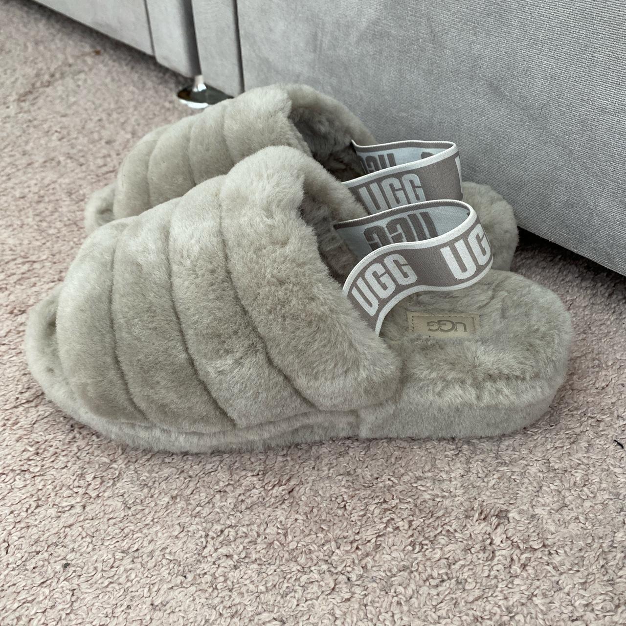 Ugg light grey fluff yeah slippers/sliders size 6.... - Depop