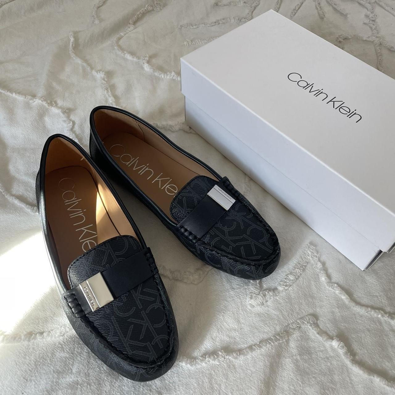 Calvin Klein Women's Black and Grey Loafers | Depop