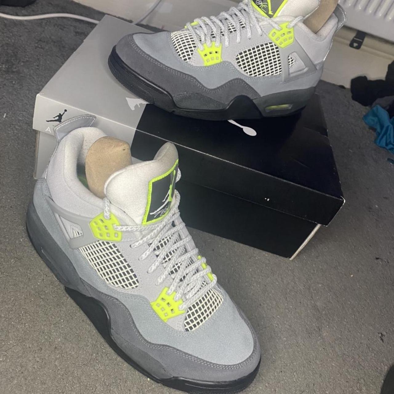 Jordan 4 Retro 95 Neon Cool grey/volt wolf... - Depop