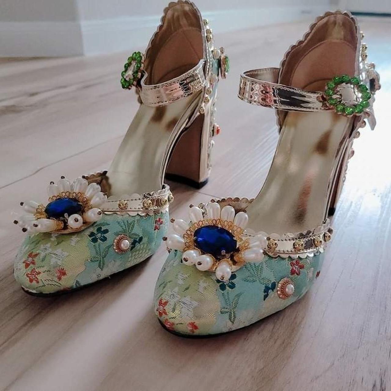 Light blue embellished high heels. Size 7. Depop