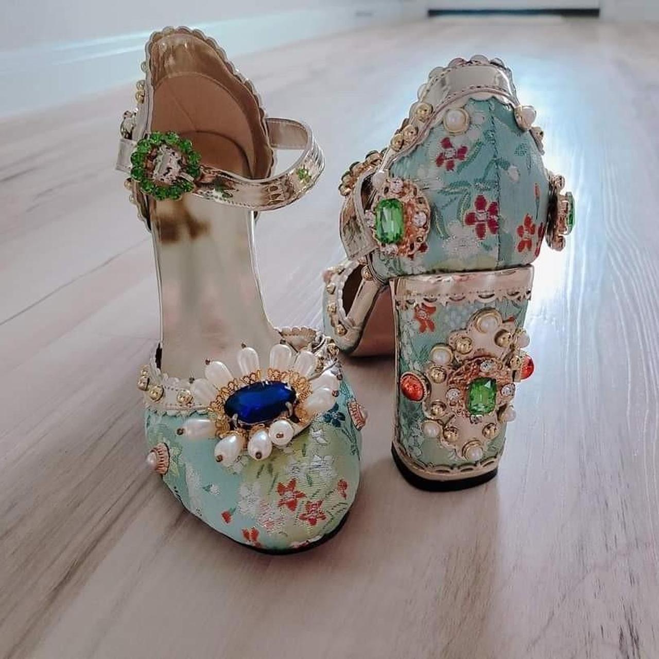 Light blue embellished high heels. Size 7. Depop