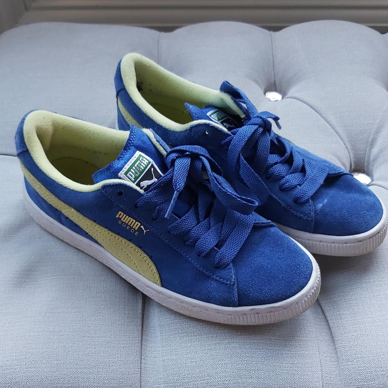 Puma skater trainers, bright blue yellow/green... - Depop