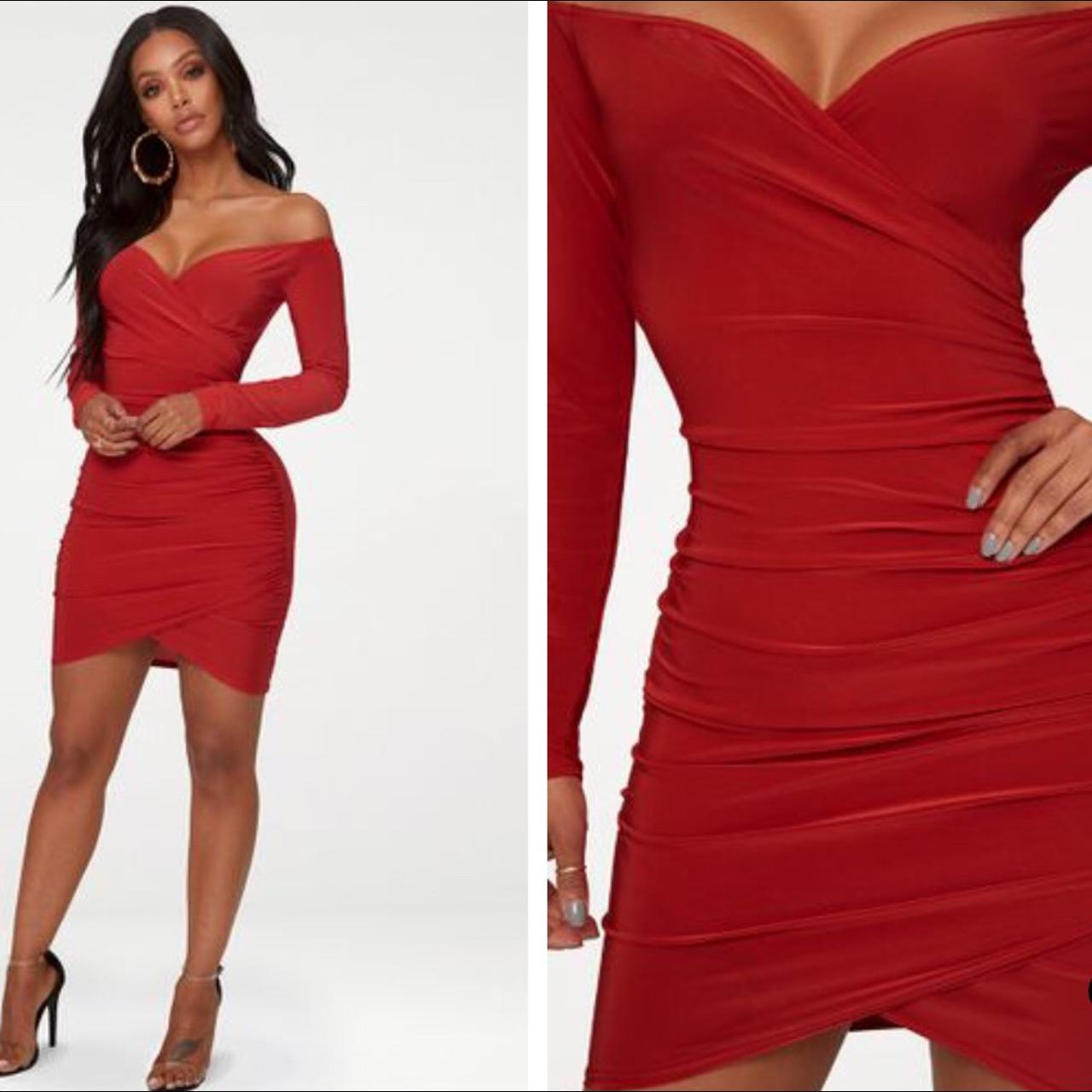 Shape red slinky 2025 ruched detail bardot dress