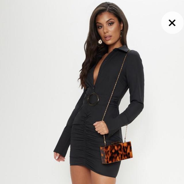 Black plunge ruched tortoise belted bodycon store shirt dress