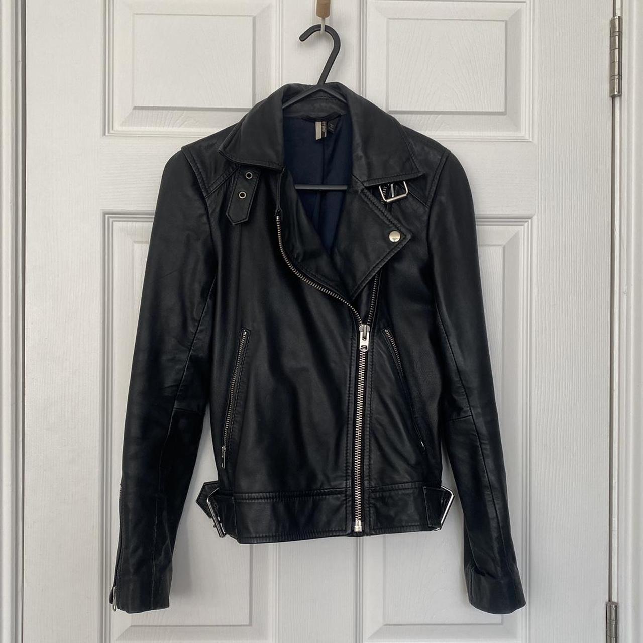 TOPSHOP real leather biker jacket with navy satin... - Depop