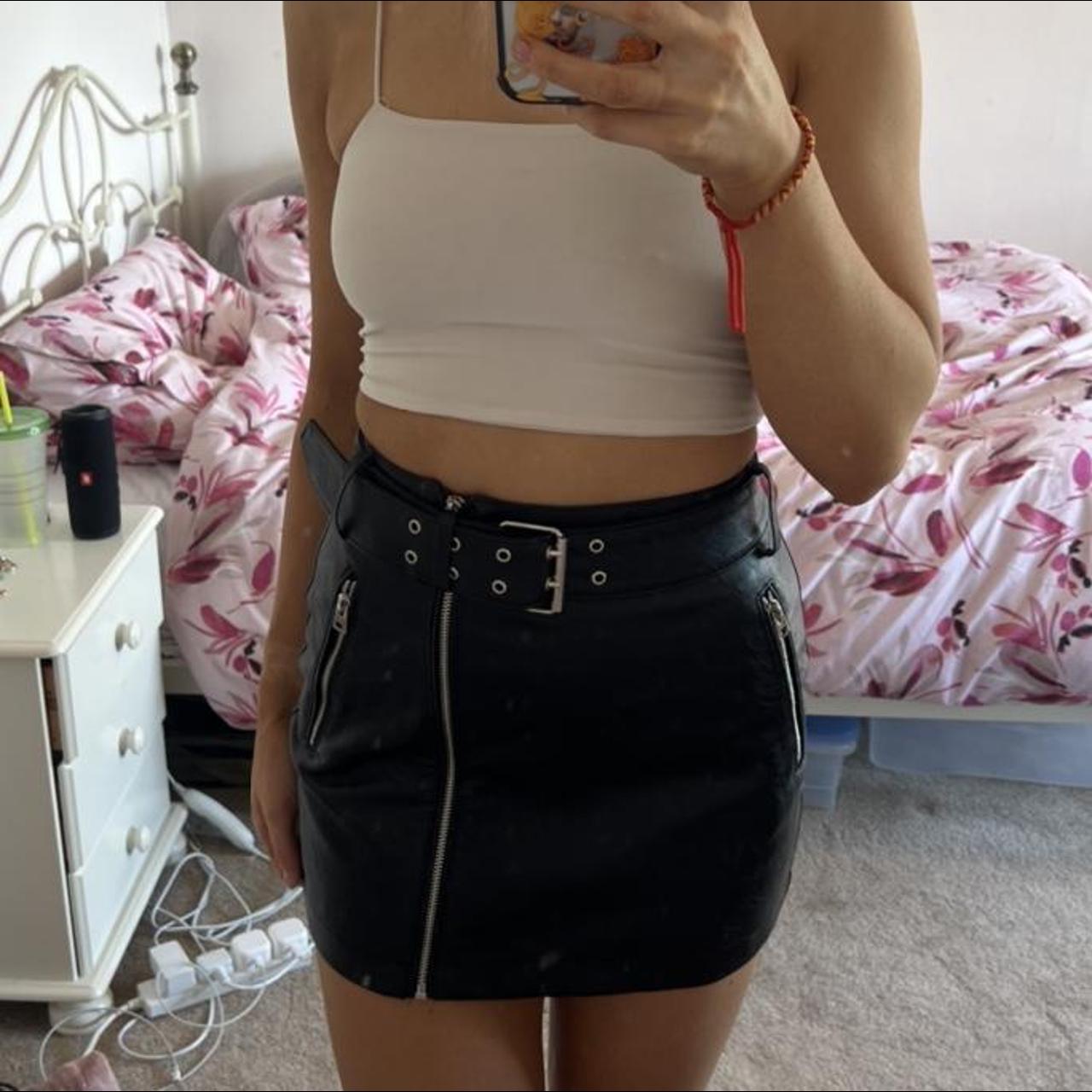 black leather skirt with zips and buckle eyelet belt - Depop