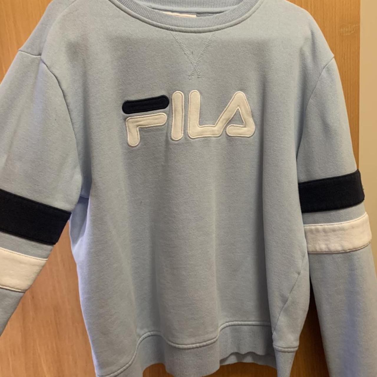 blue fila crew neck, size medium #fila #jumper... - Depop