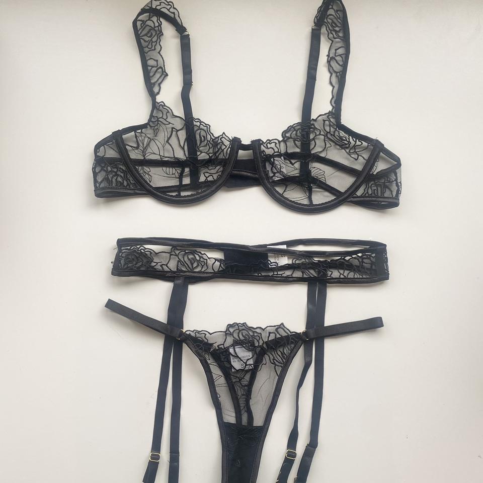 Three piece matching black velvet set - bralette, - Depop