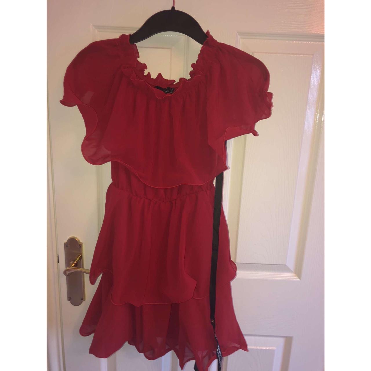 Red Chiffon Bardot Ruffle Tiered Dress
