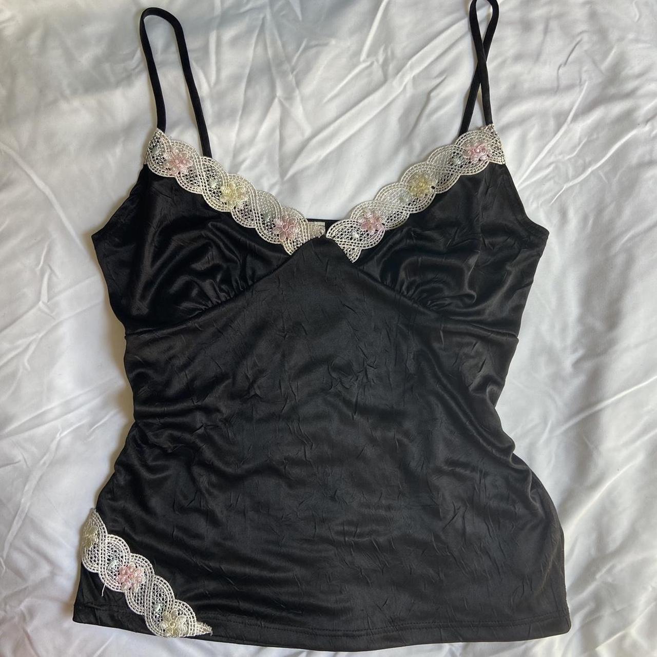 Sexy y2k semi sheer black cami with white lace and... - Depop