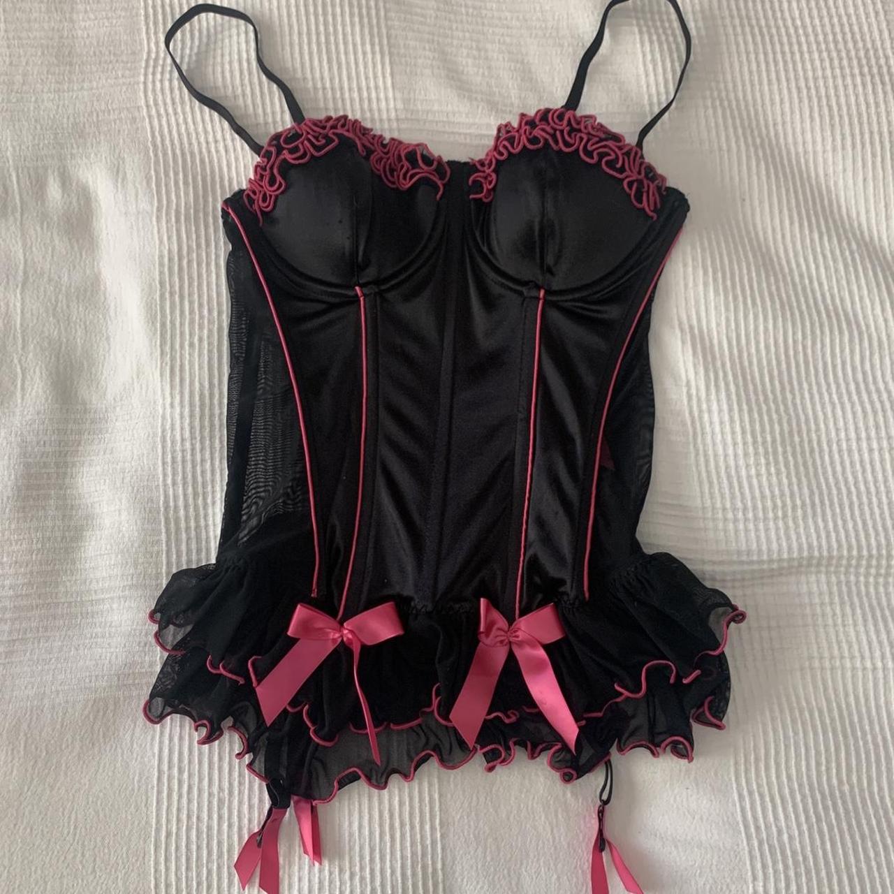 Pink and black bustier corset top from... - Depop