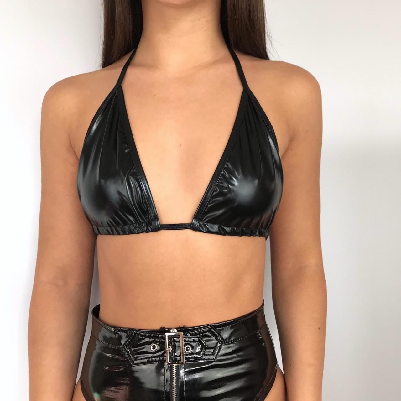 Black pu leather vinyl bra, shiny metallic material