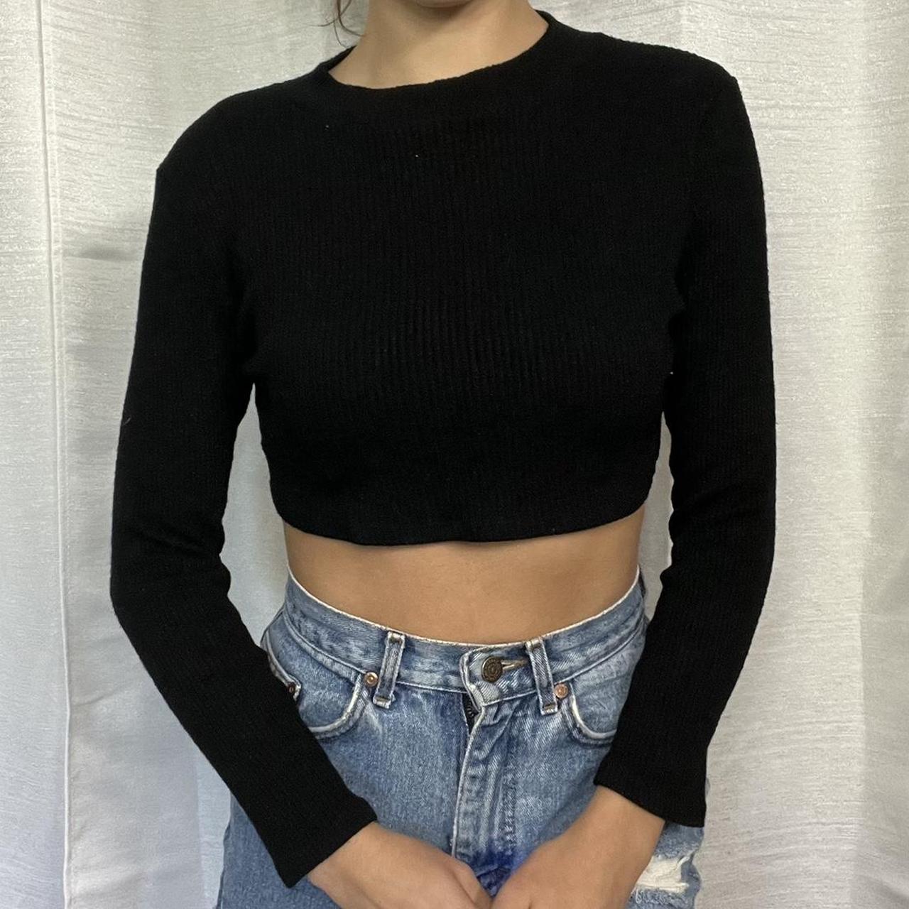 black cropped long sleeve top w a high neckline from... - Depop