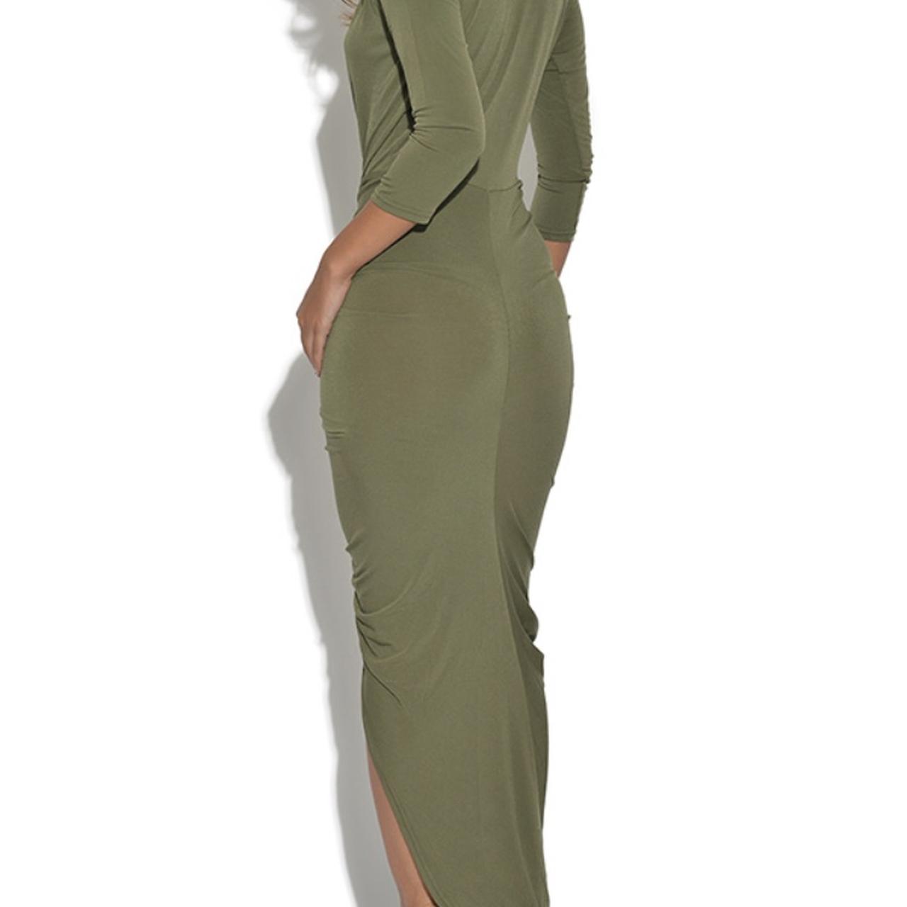 Khaki Plunge Front Drape Midi Dress from Depop