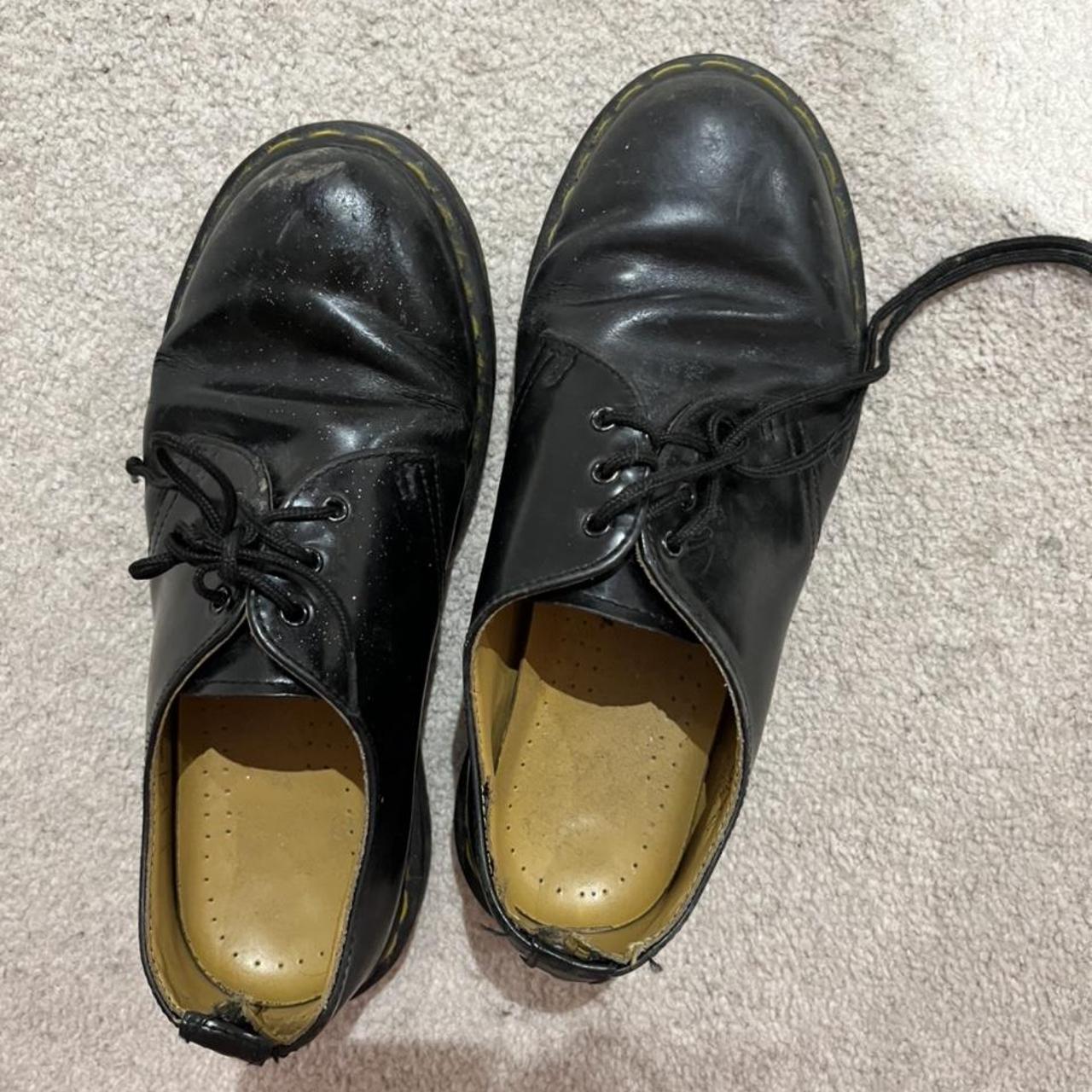 Dr marten shoes black leather gel soles size 5 used... - Depop