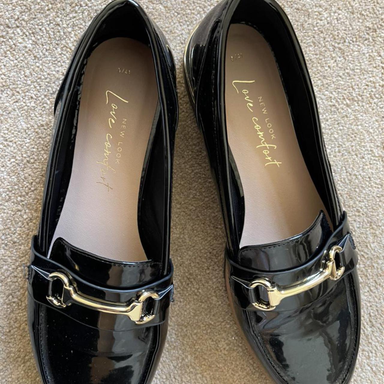 new look black patent loafer size 8 with gold... - Depop