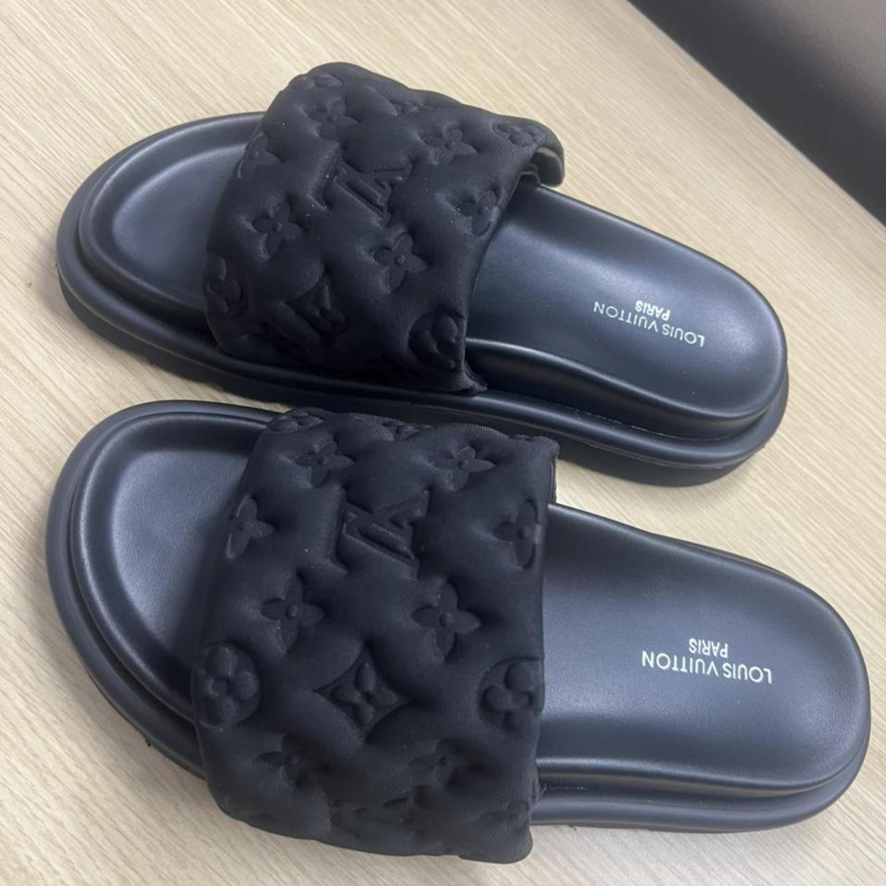 LV Black Slides. Brand New. Size 4. SELLING: £40. - Depop