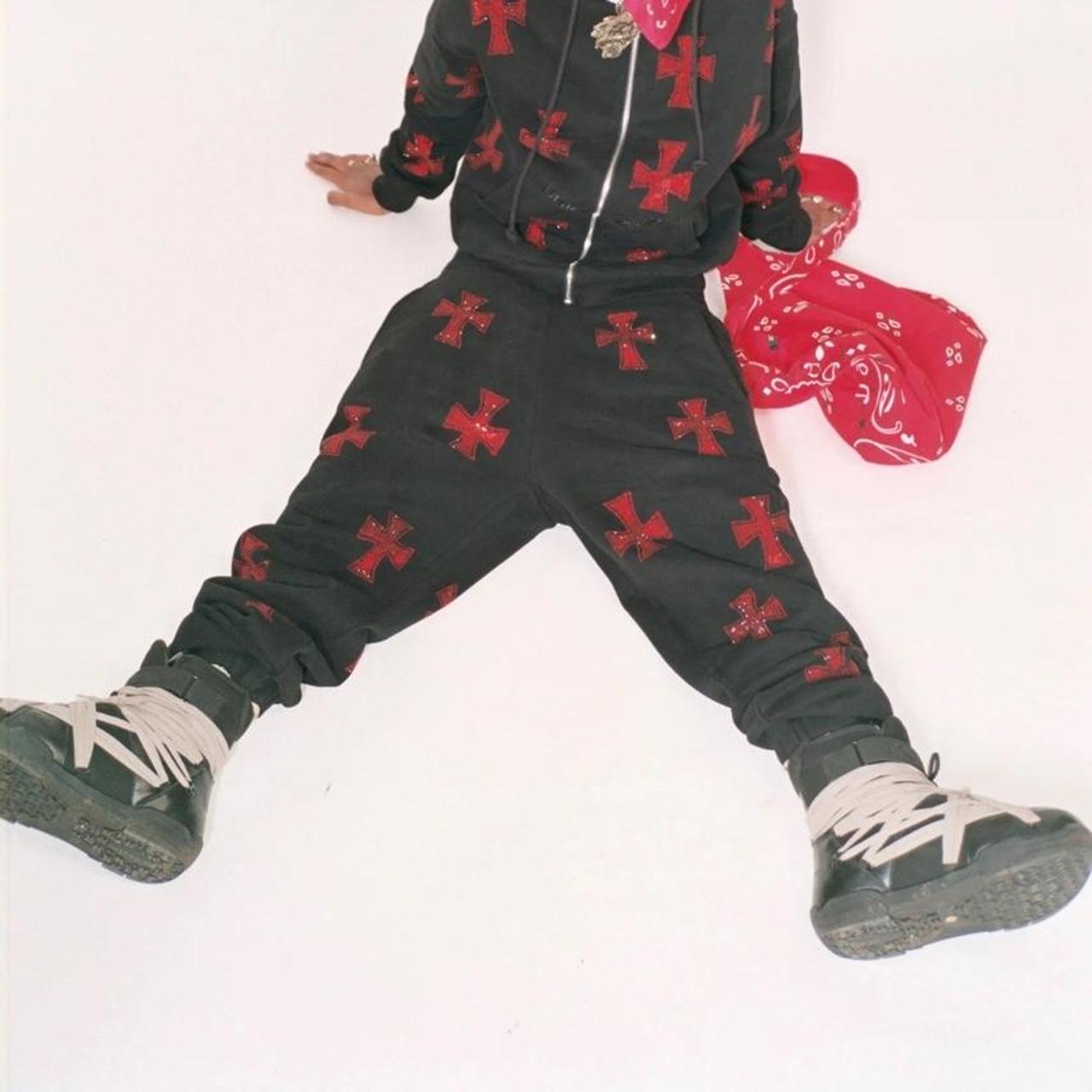 Unknown london black and red rhinestone tracksuit... Depop