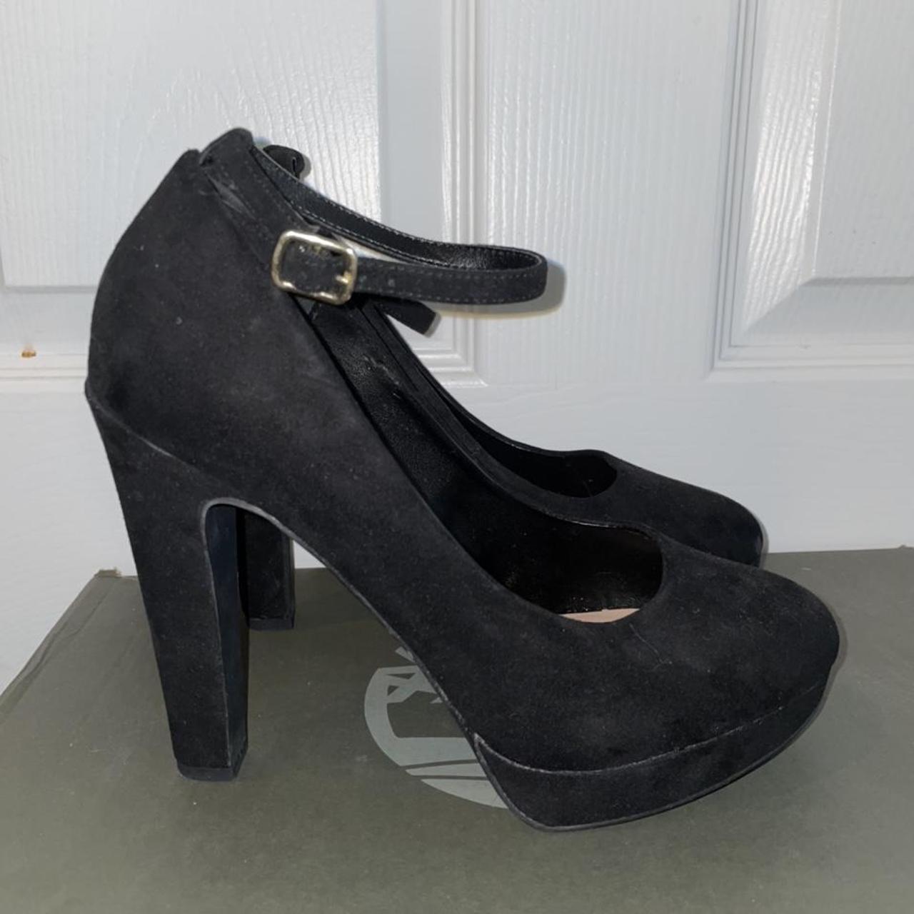 Black suede wide fit high heels with ankle strap... - Depop