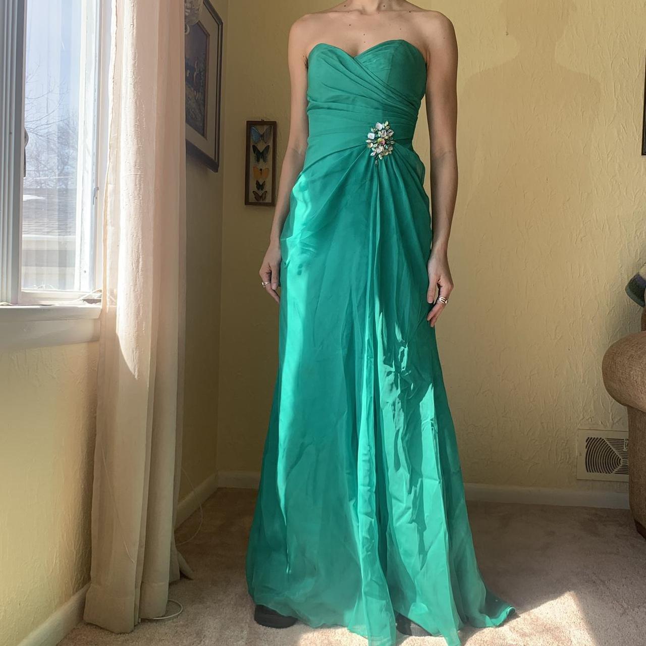 emerald green maxi prom dress strapless vibrant... - Depop