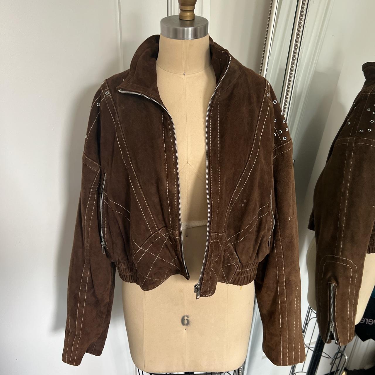 Vintage cropped leather bomber coat with eyelet... - Depop