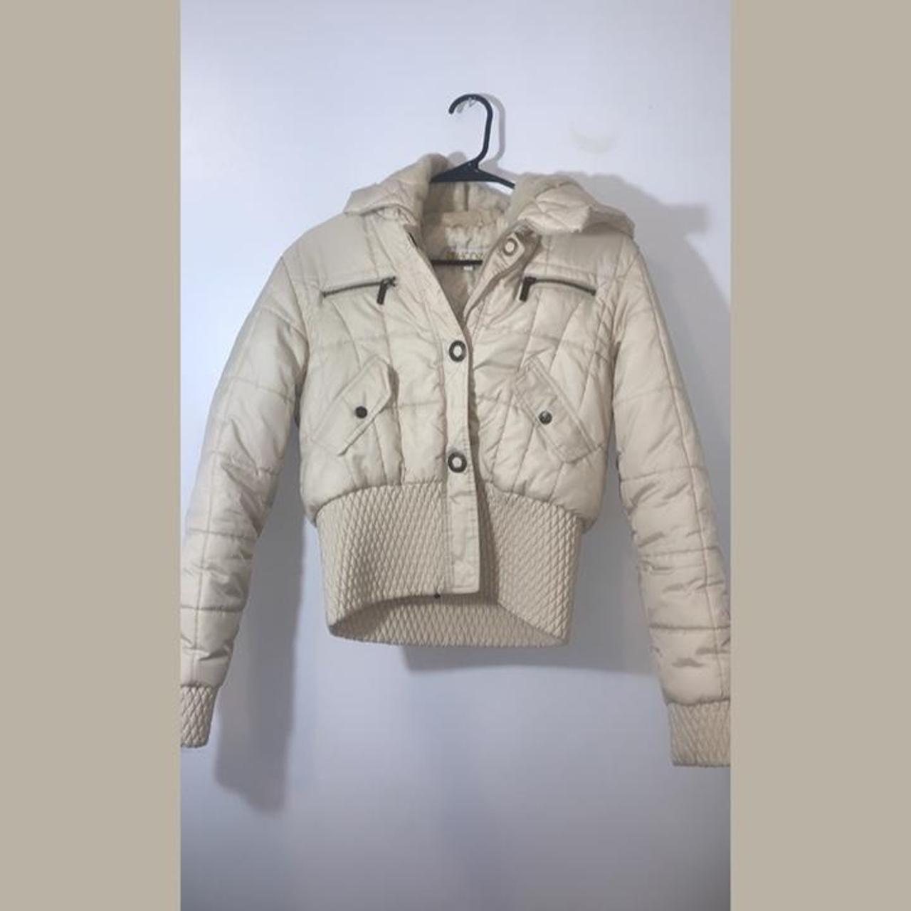 Cream Puffer Jacket with hoodie. Size small. Fits a... - Depop