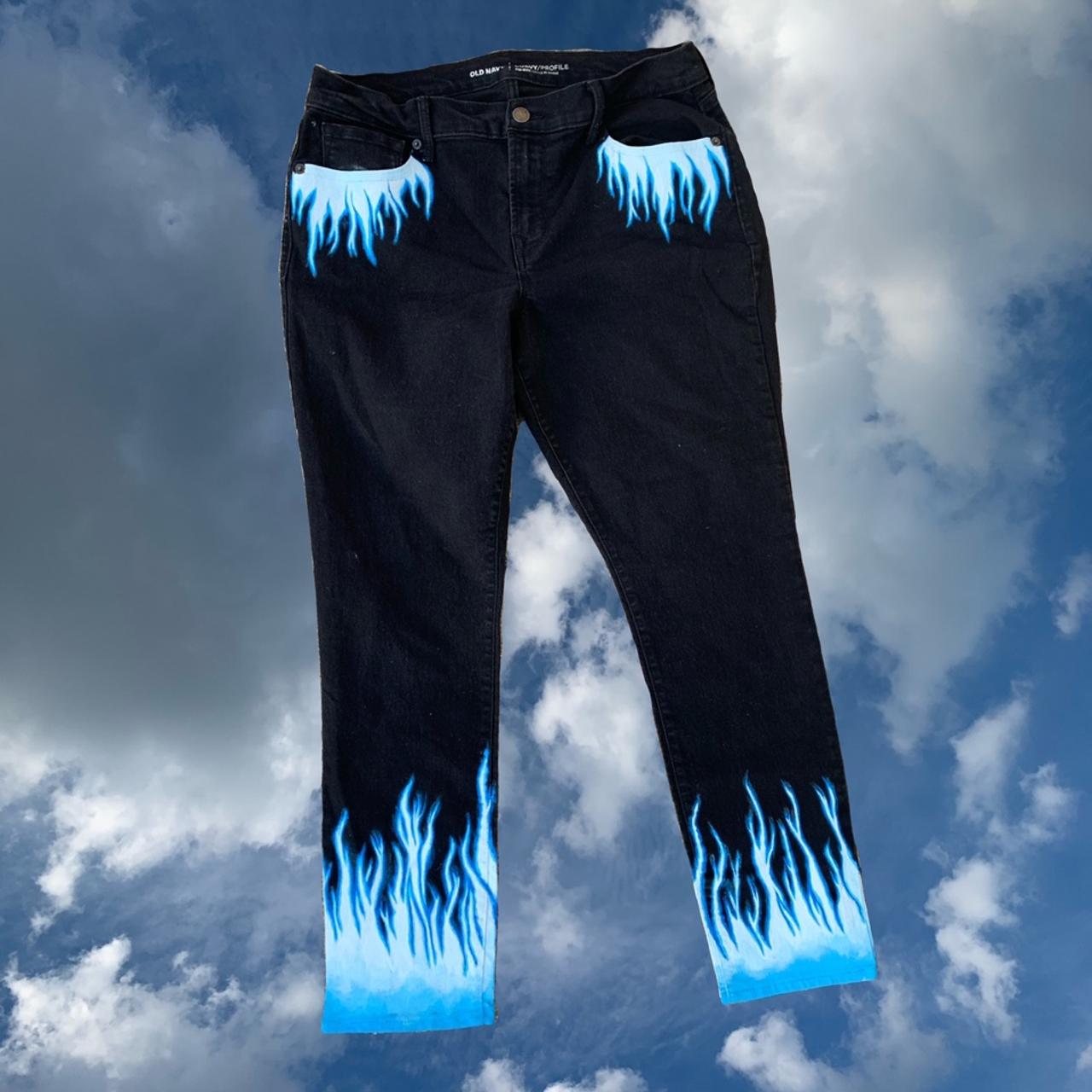 DIY Blue Mid-Rise DIY blue fire jeans... - Depop