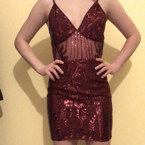 burgundy strappy sheer panel sequin bodycon dress