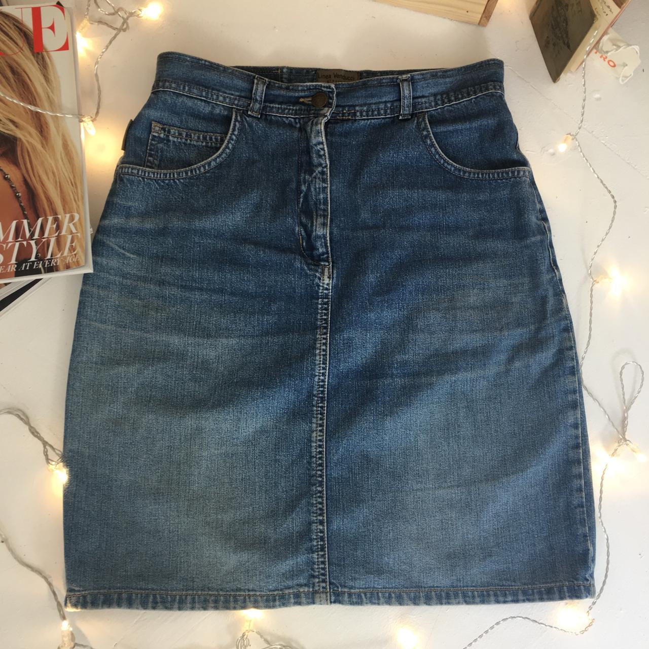 Women’s vintage Linea Venducci blue denim skirt size... - Depop