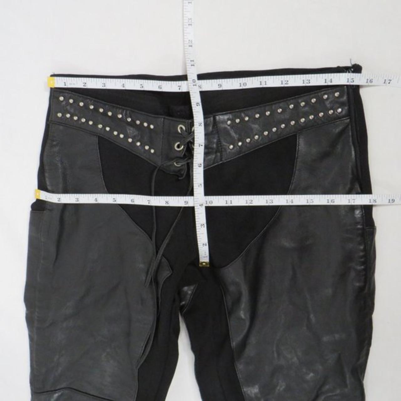 Black leather custom-made pants with stretchy panels... - Depop
