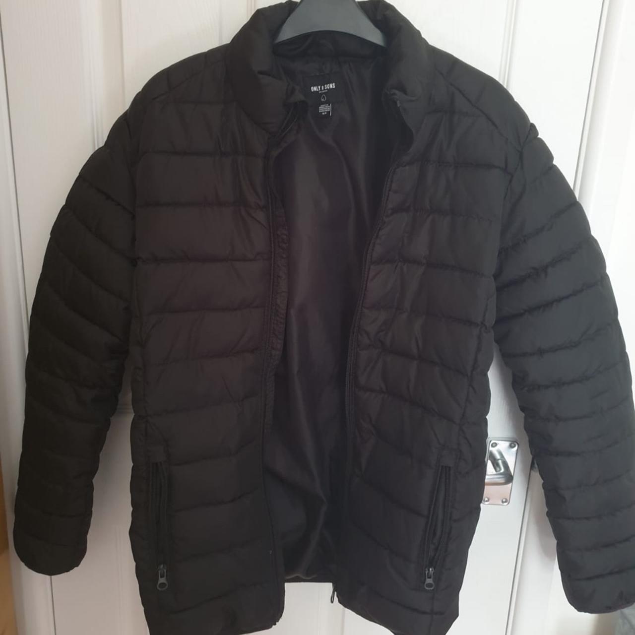 ONLY & SONS black puffer coat, worn once, good... - Depop