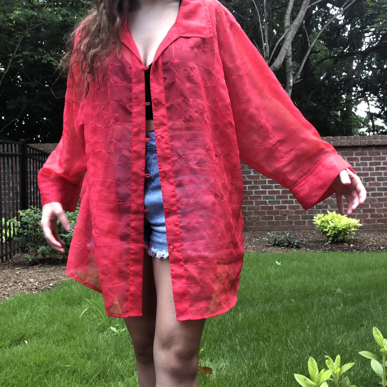 Beautiful Sheer Red Embroidered Button-up - Size... - Depop