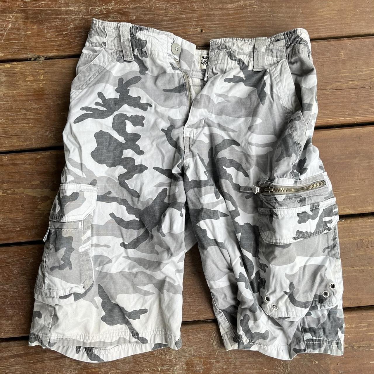 grey and white camo shorts has button and elastic... - Depop