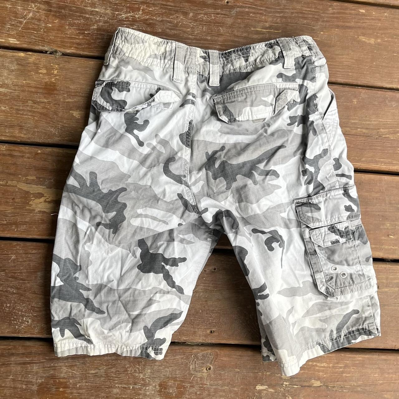grey and white camo shorts has button and elastic... | Depop