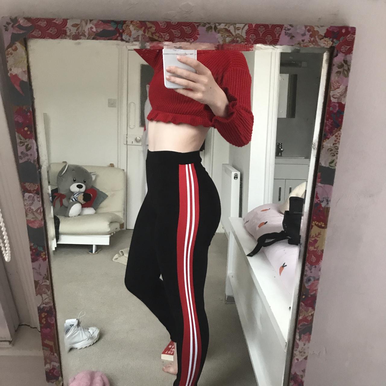 Topshop black leggings with red and white stripes. - Depop