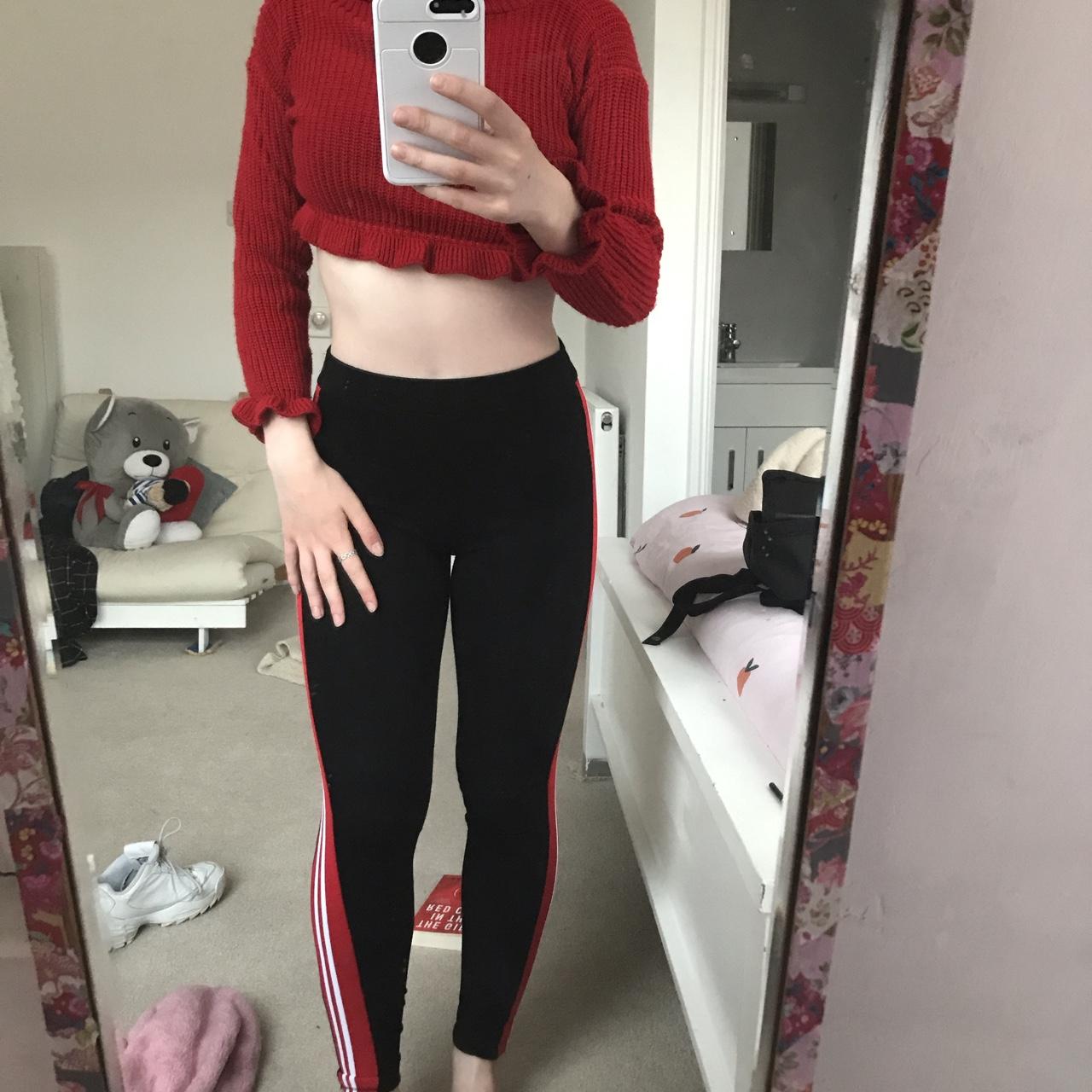 Topshop black leggings with red and white stripes. - Depop