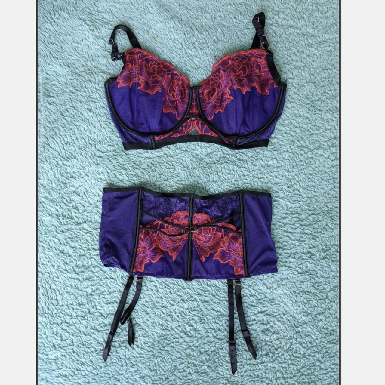 Ann Summers red and purple floral bra and suspender - Depop