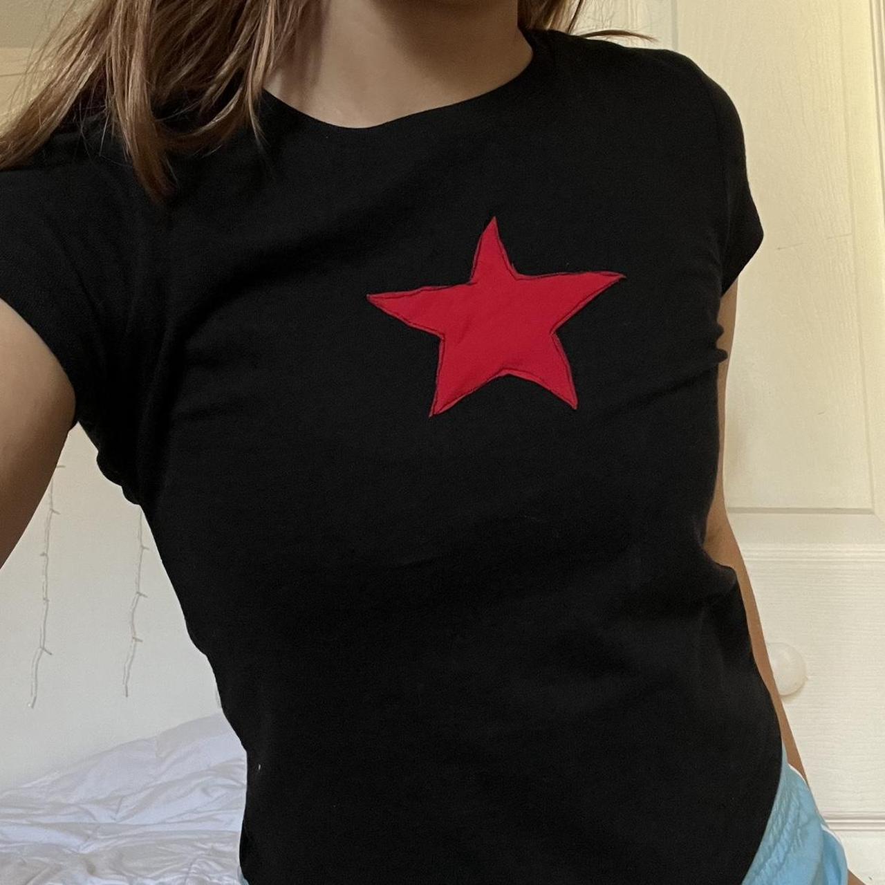 Black baby tee with red star patch ⭐️1 SHIRT... - Depop