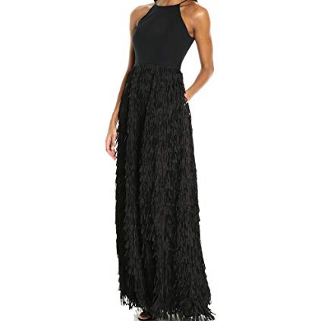 Aidan Mattox Black Chiffon Halter Fringe Gown