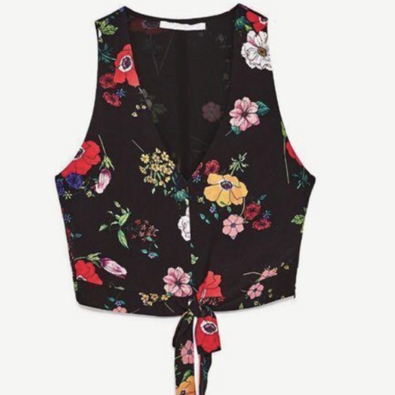 Zara black floral v neck tie front crop top... Depop