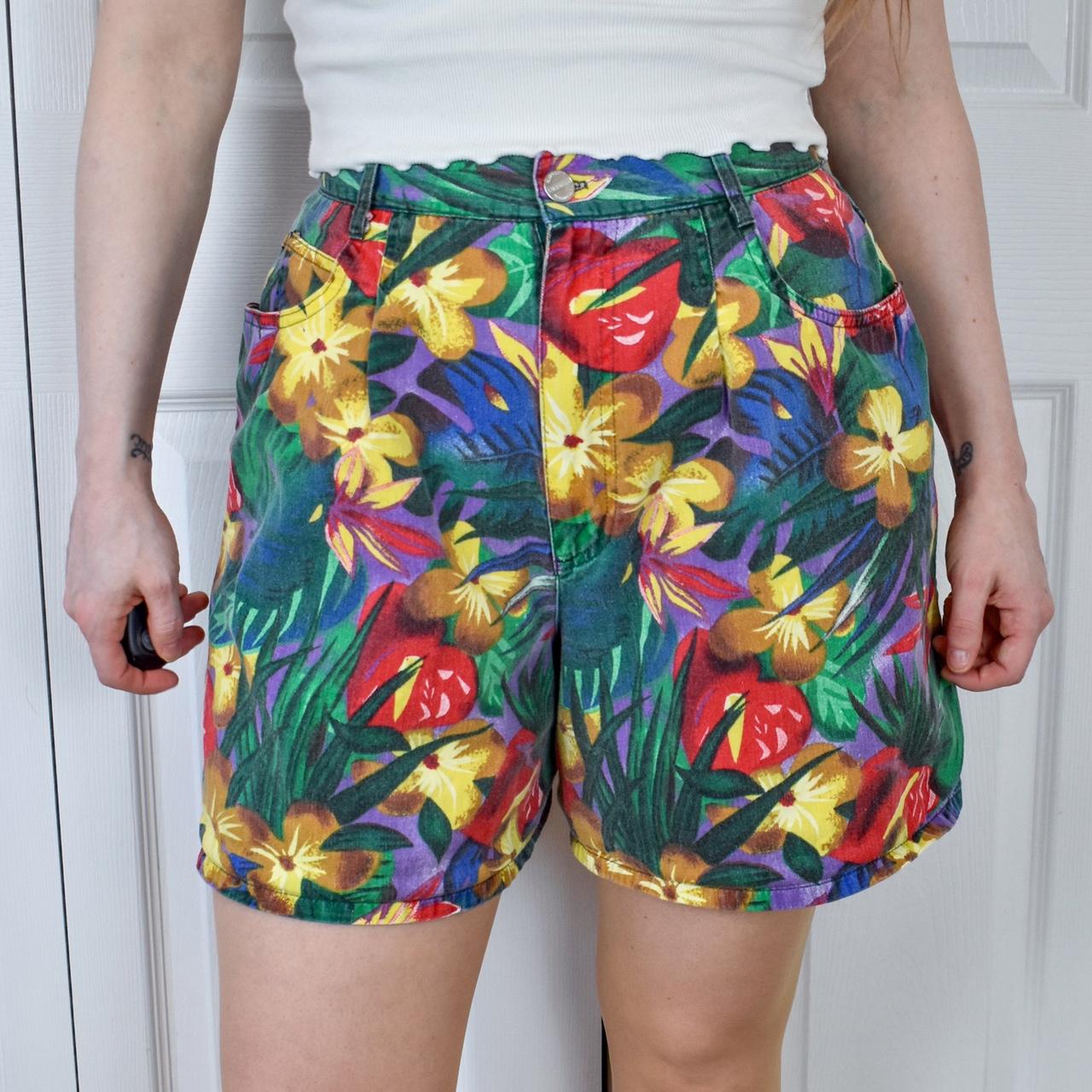 Vintage high-waisted tropical shorts Denim pleated... - Depop