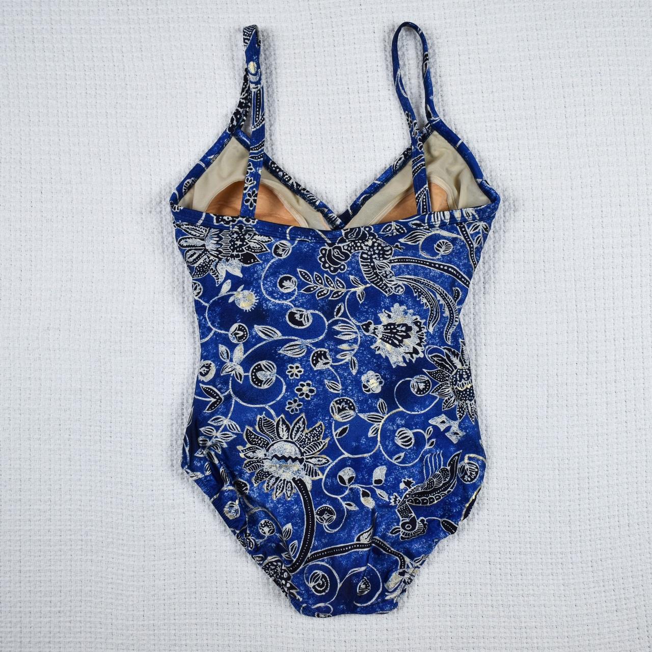 Vintage blue metallic one piece swimsuit Wrap front... - Depop