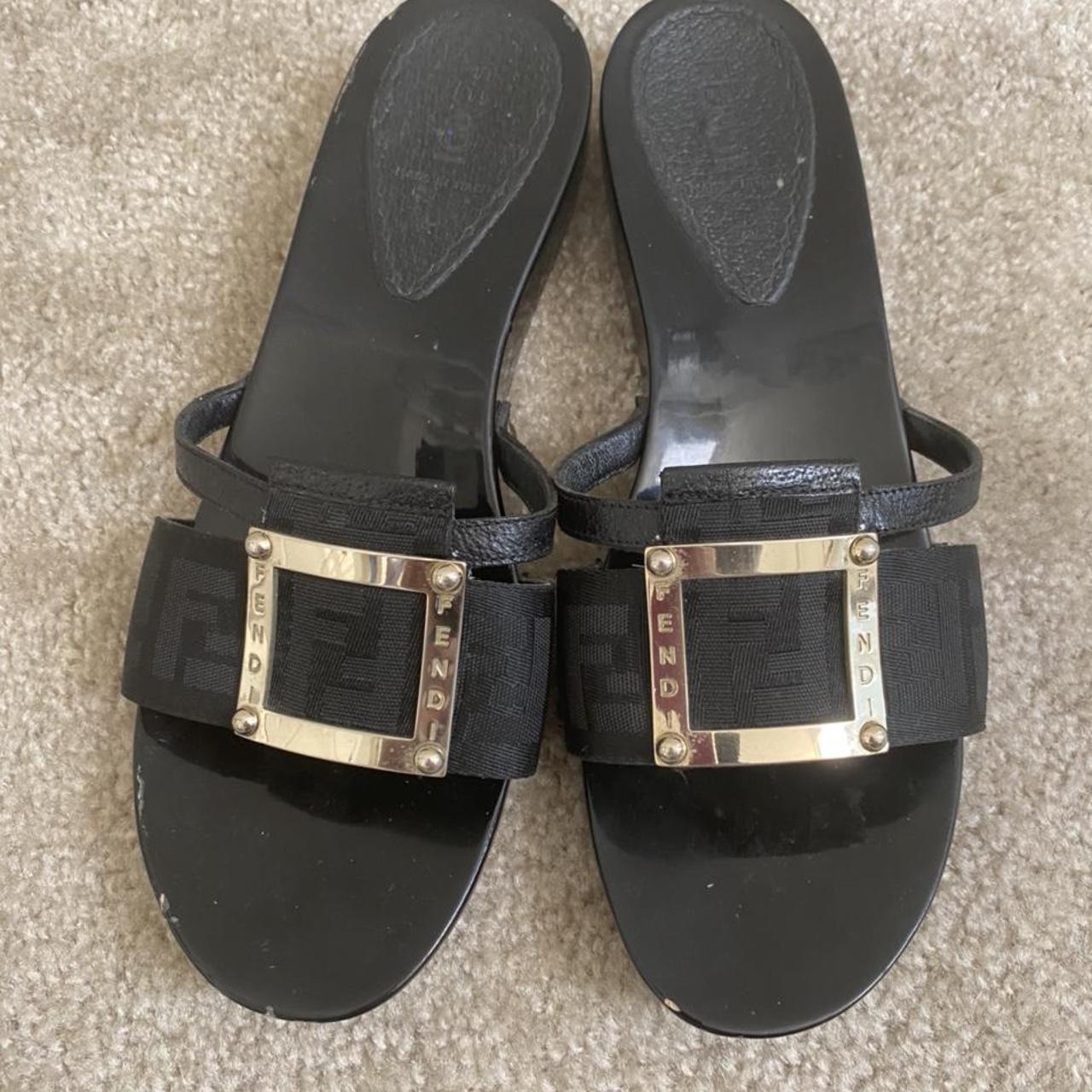 Fendi Women's Black and Gold Sandals | Depop