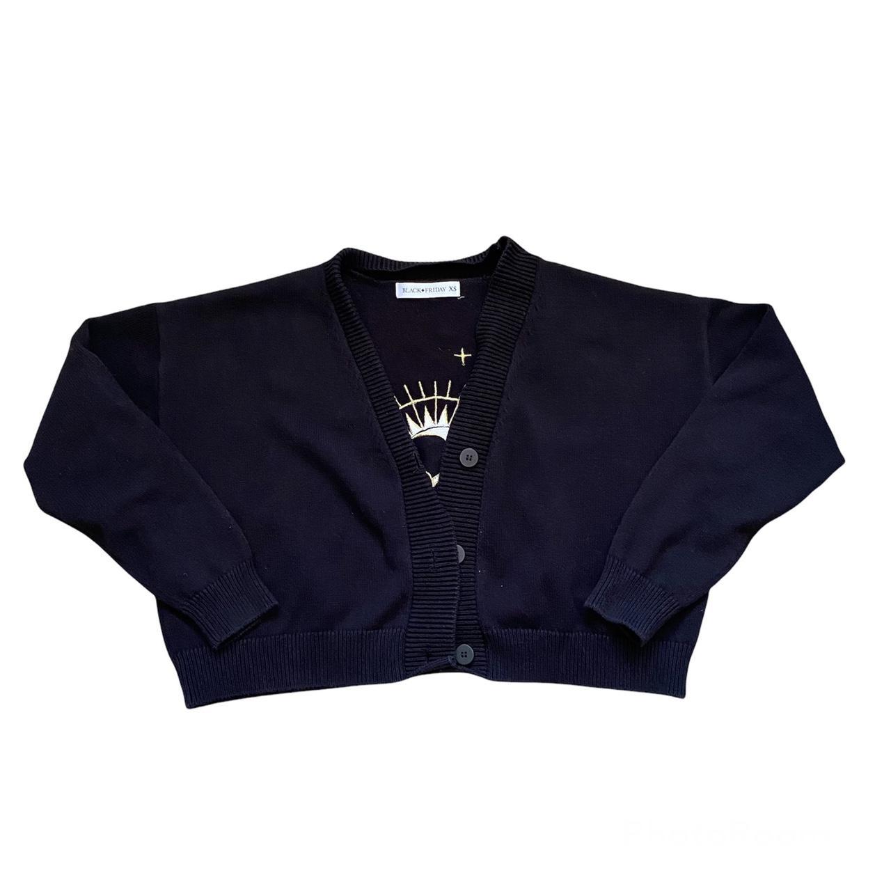 black friday black knit cardigan sweater with gold... Depop
