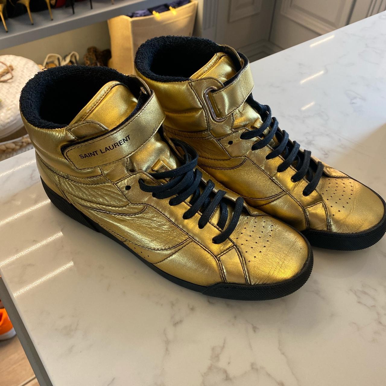 PRE LOVED. Gold Saint Laurent High Tops in gold.... - Depop