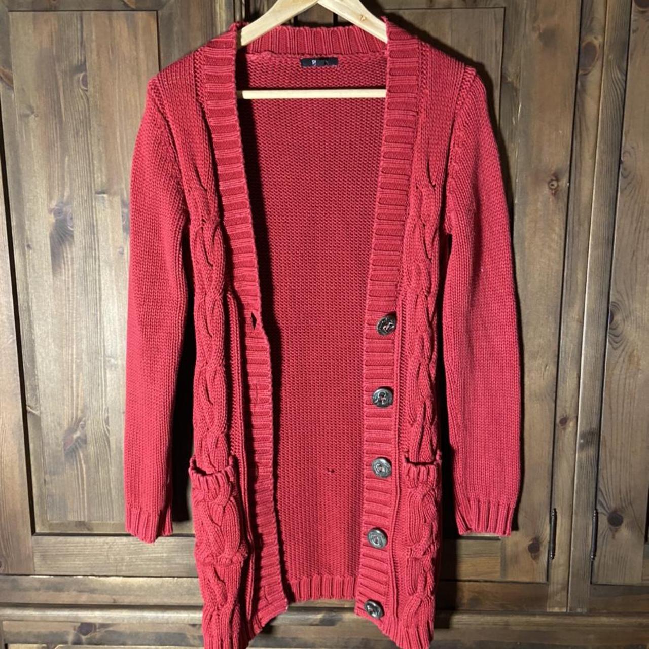 Cotton thick heavy knit long red cardigan with