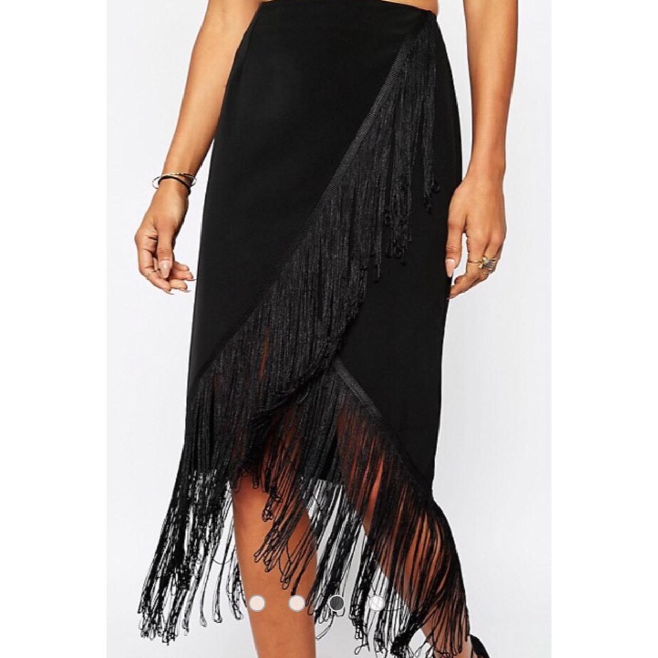 Long black shop fringe wrap skirt