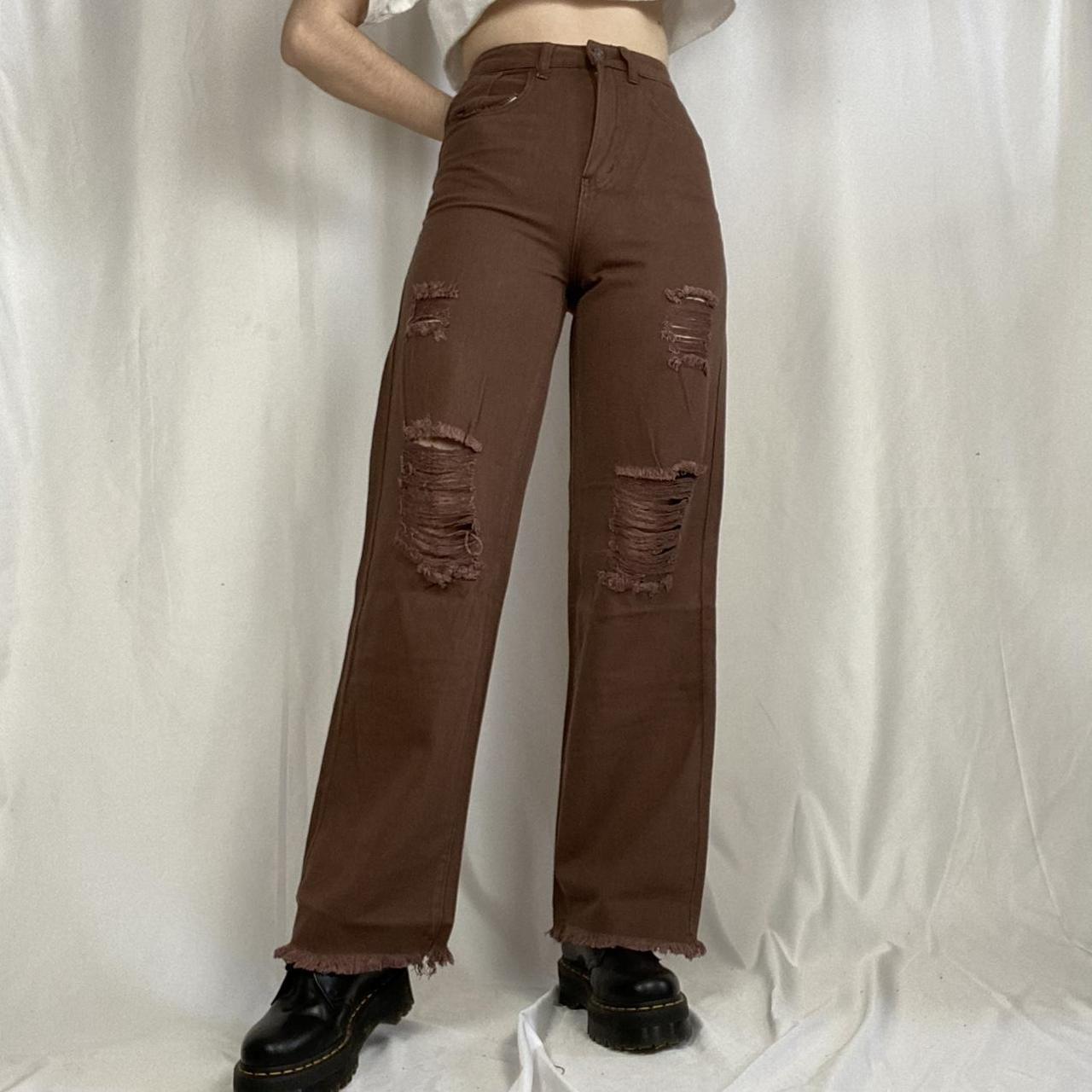 high waisted straight leg brown ripped jeans i... - Depop