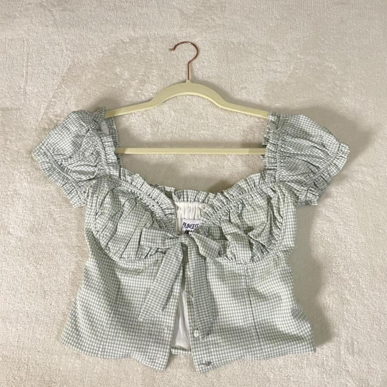 Princess Polly Women's Green and White Blouse | Depop