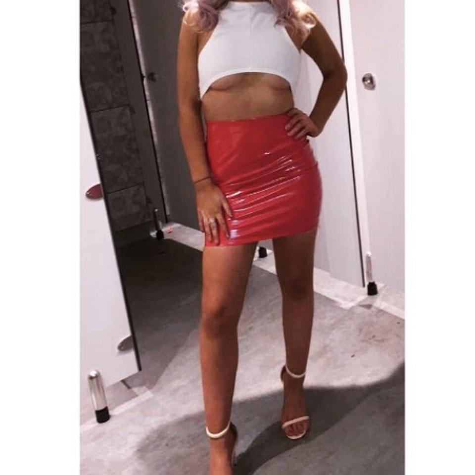 Red vinyl skirt sales outfit